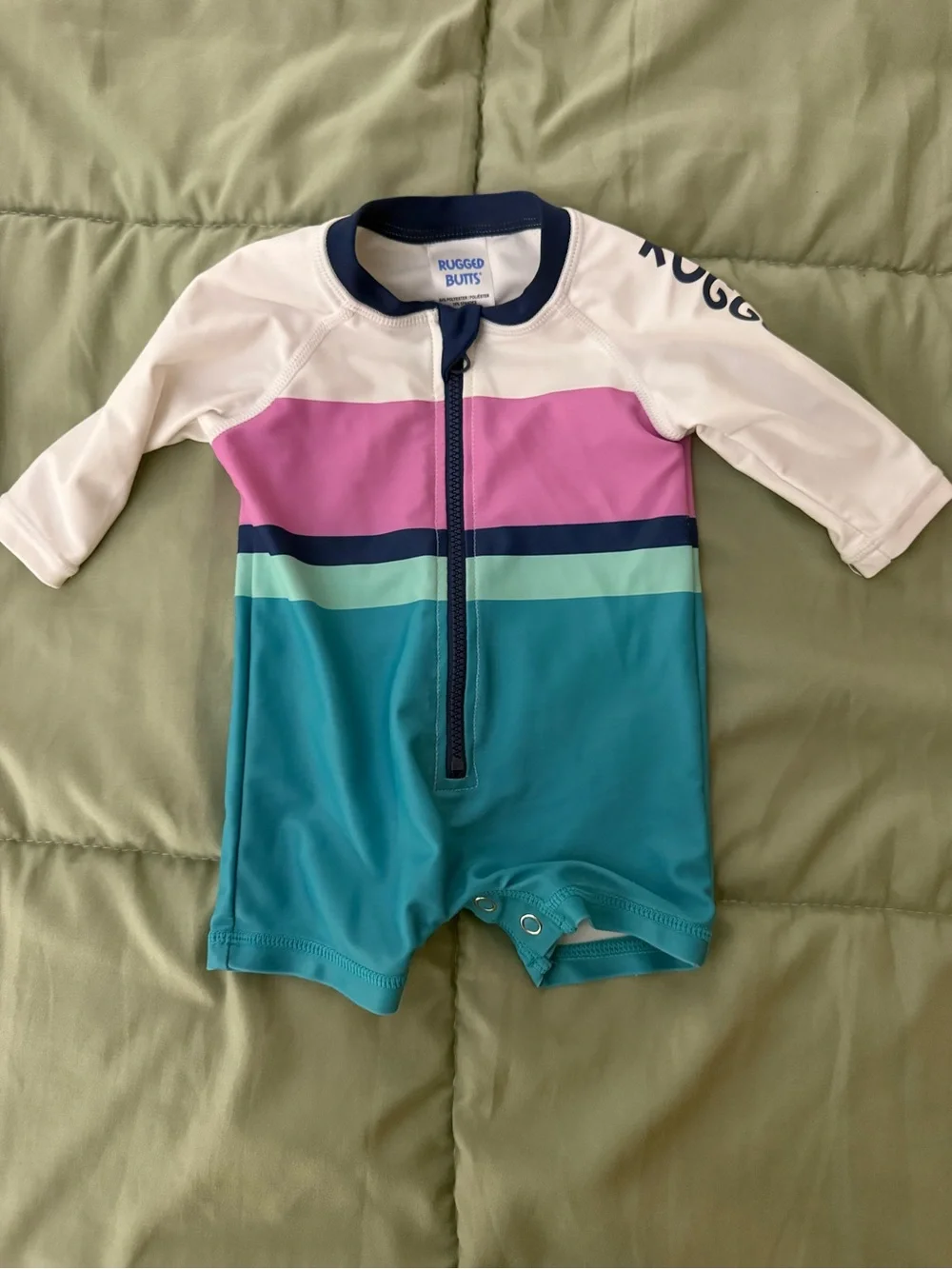 RuggedButts Teal & Pink Long-Sleeve Kids One-Piece Swimsuit